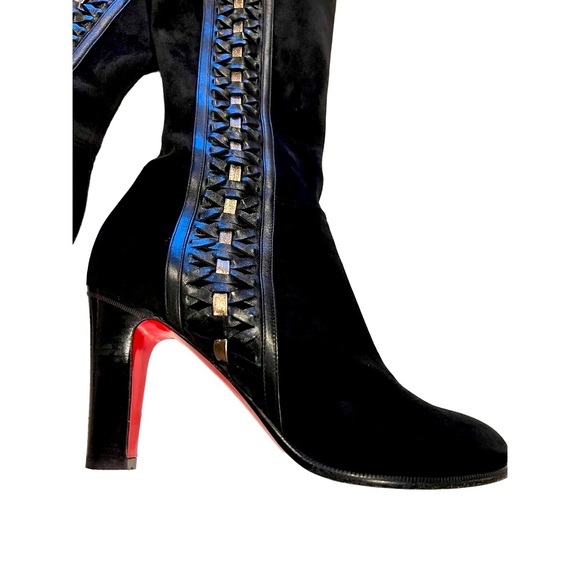 Christian Louboutin Over Thé Knee Boots sz38 Soft Suede Braided Leather Bow - Picture 3 of 12